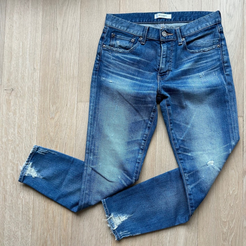 Moussy Vintage Jeans Velma Skinny 28 Blue Wash Distressed Made in Japan Denim